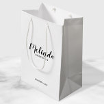 Modern Script Personalized Bridesmaids Medium Gift Bag<br><div class="desc">Modern Script Personalized Bridesmaids Gift Bag
featuring personalized bridesmaid's name in black modern script font style with title and wedding date in modern sans serif font style on white background.

Also perfect for Maid of Honour,  Flower Girl,  Mother of the Bride,  Groomsmen,  Best man and more.</div>