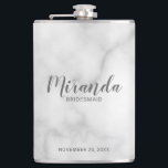 Modern Script Personalized Bridesmaid's Name Hip Flask<br><div class="desc">Add a personal touch to your wedding with personalized bridesmaid flask. This flask features personalized bridesmaid's name in grey modern script font style with title and wedding date in grey modern sans serif font style on white marble background. Also perfect for maid of honour, mother of the bride and more....</div>