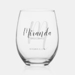 Modern Script Personalized Bridesmaids Name Stemless Wine Glass<br><div class="desc">Add a personal touch to your wedding with personalized bridesmaids gift. This design features personalized bridesmaid's name in grey modern script font style and monogram in light grey modern script font style as background with title and wedding date in grey modern sans serif font style. Also perfect for maid of...</div>
