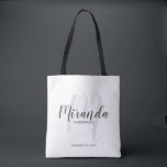 Modern Script Personalized Bridesmaids Tote Bag<br><div class="desc">Add a personal touch to your wedding with personalized bridesmaids gift tote bag. This tote bag features personalized bridesmaid's name in grey modern script font style and monogram in light grey modern script font style as background with title and wedding date in grey modern sans serif font style. Also perfect...</div>