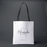 Modern Script Personalized Bridesmaids Tote Bag<br><div class="desc">Add a personal touch to your wedding with personalized bridesmaids gift tote bag. This tote bag features personalized bridesmaid's name in grey modern script font style and monogram in light grey modern script font style as background with title and wedding date in grey modern sans serif font style on white...</div>