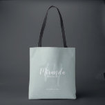 Modern Script Personalized Bridesmaids Tote Bag<br><div class="desc">Add a personal touch to your wedding with personalized bridesmaids gift tote bag. This tote bag features personalized bridesmaid's name in white modern script font style and monogram in sage green modern script font style as background with title and wedding date in white modern sans serif font style on sage...</div>