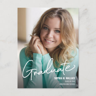 Modern Script Personalized Graduate Photo Announcement Postcard