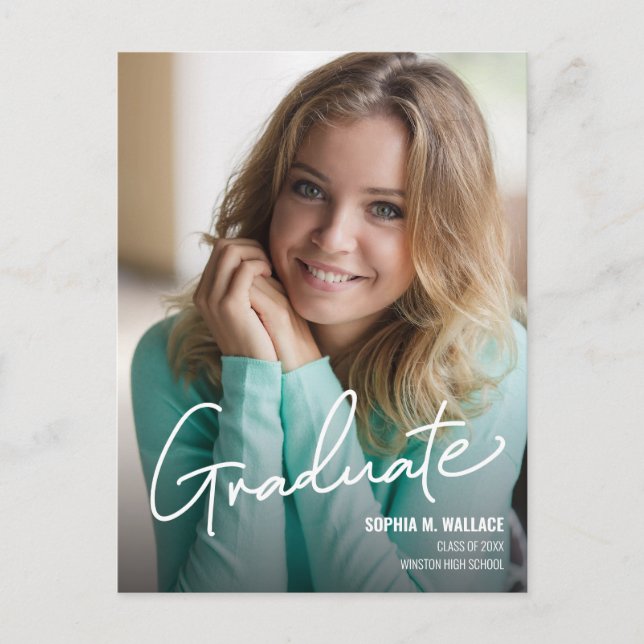 Modern Script Personalized Graduate Photo Announcement Postcard (Front)
