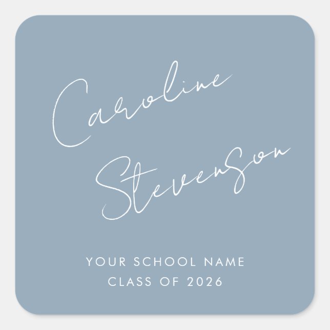 Modern Script Personalized Graduation Dusty Blue Square Sticker (Front)