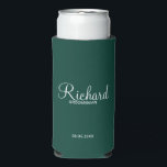 Modern Script Personalized Groomsman Can Cooler<br><div class="desc">Personalized Groomsman Gifts
featuring personalized groomsman's name in white modern script font style with title and wedding date in modern sans serif font style on emerald green background.

Also perfect for best man,  father of the bride,  bridesmaid,  maid of honour,  mother of the bride and more.</div>