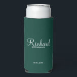 Modern Script Personalized Groomsman Can Cooler<br><div class="desc">Personalized Groomsman Gifts
featuring personalized groomsman's name in white modern script font style with title and wedding date in modern sans serif font style on emerald green background.

Also perfect for best man,  father of the bride,  bridesmaid,  maid of honour,  mother of the bride and more.</div>