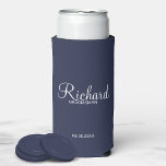 Modern Script Personalized Groomsman Can Cooler<br><div class="desc">Personalized Groomsman Gifts
featuring personalized groomsman's name in white modern script font style with title and wedding date in modern sans serif font style on navy blue background.

Also perfect for best man,  father of the bride,  bridesmaid,  maid of honour,  mother of the bride and more.</div>