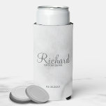 Modern Script Personalized Groomsman Can Cooler<br><div class="desc">Personalized Groomsman Gifts
featuring personalized groomsman's name in grey modern script font style with title and wedding date in modern sans serif font style on white marble background.

Also perfect for best man,  father of the bride,  bridesmaid,  maid of honour,  mother of the bride and more.</div>