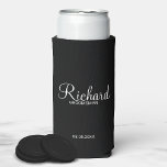 Modern Script Personalized Groomsman Can Cooler<br><div class="desc">Personalized Groomsman Gifts
featuring personalized groomsman's name in white modern script font style with title and wedding date in modern sans serif font style on black background.

Also perfect for best man,  father of the bride,  bridesmaid,  maid of honour,  mother of the bride and more.</div>