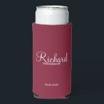 Modern Script Personalized Groomsman Can Cooler<br><div class="desc">Personalized Groomsman Gifts
featuring personalized groomsman's name in white modern script font style with title and wedding date in modern sans serif font style on burgundy red background.

Also perfect for best man,  father of the bride,  bridesmaid,  maid of honour,  mother of the bride and more.</div>