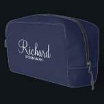 Modern Script Personalized Groomsman Dopp Kit<br><div class="desc">Personalized Groomsman Gifts
featuring personalized groomsman's name in white modern script font style with title and wedding date in modern sans serif font style on navy blue background.

Also perfect for best man,  father of the bride,  bridesmaid,  maid of honour,  mother of the bride and more.</div>