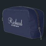 Modern Script Personalized Groomsman Dopp Kit<br><div class="desc">Personalized Groomsman Gifts
featuring personalized groomsman's name in white modern script font style with title and wedding date in modern sans serif font style on navy blue background.

Also perfect for best man,  father of the bride,  bridesmaid,  maid of honour,  mother of the bride and more.</div>