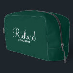 Modern Script Personalized Groomsman Dopp Kit<br><div class="desc">Personalized Groomsman Gifts
featuring personalized groomsman's name in white modern script font style with title and wedding date in modern sans serif font style on emerald green background.

Also perfect for best man,  father of the bride,  bridesmaid,  maid of honour,  mother of the bride and more.</div>