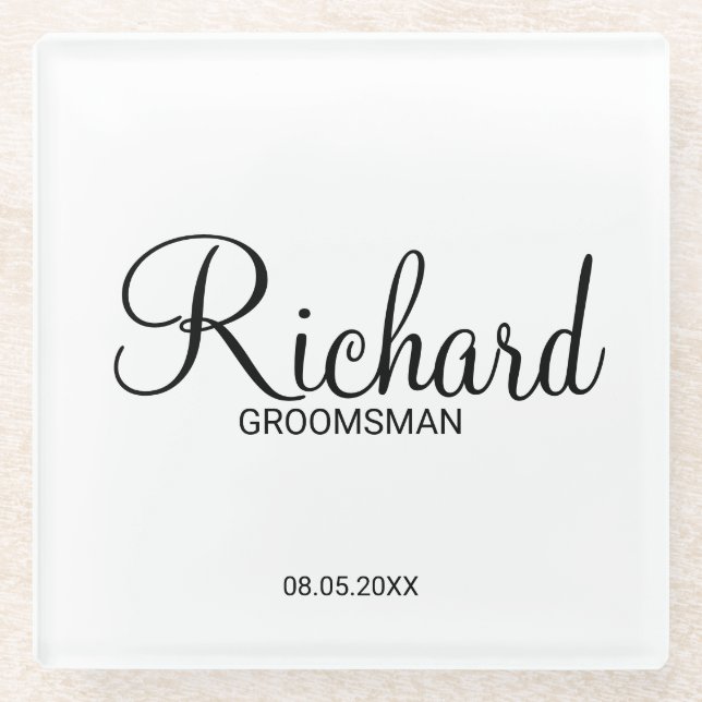 Modern Script Personalized Groomsman Glass Coaster (Front)