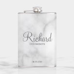 Modern Script Personalized Groomsman Hip Flask<br><div class="desc">Personalized Groomsman Gifts featuring personalized groomsman's name in grey modern script font style with title and wedding date in modern sans serif font style on white marble background. Also perfect for best man, father of the bride, bridesmaid, maid of honour, mother of the bride and more. Please note: The marble...</div>