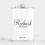Modern Script Personalized Groomsman Hip Flask<br><div class="desc">Personalized Groomsman Gifts
featuring personalized groomsman's name in black modern script font style with title and wedding date in modern sans serif font style on white background.

Also perfect for best man,  father of the bride,  bridesmaid,  maid of honour,  mother of the bride and more.</div>