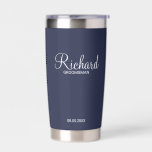Modern Script Personalized Groomsman Insulated Tumbler<br><div class="desc">Personalized Groomsman Gifts
featuring personalized groomsman's name in white modern script font style with title and wedding date in modern sans serif font style on navy blue background.

Also perfect for best man,  father of the bride,  bridesmaid,  maid of honour,  mother of the bride and more.</div>