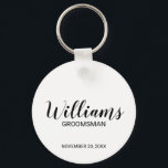 Modern Script Personalized Groomsman Keychain<br><div class="desc">Personalized Groomsman Gifts
featuring personalized groomsman's name in black modern script font style with title and wedding date in modern sans serif font style on white background.

Also perfect for best man,  father of the bride,  bridesmaid,  maid of honour,  mother of the bride and more.</div>