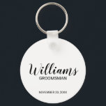 Modern Script Personalized Groomsman Keychain<br><div class="desc">Personalized Groomsman Gifts
featuring personalized groomsman's name in black modern script font style with title and wedding date in modern sans serif font style on white background.

Also perfect for best man,  father of the bride,  bridesmaid,  maid of honour,  mother of the bride and more.</div>