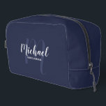 Modern Script Personalized Groomsman Monogram Name Dopp Kit<br><div class="desc">Add a personal touch to your wedding with personalized groomsman gift. This design features personalized groomsman's name in white modern script font style and monogram in light navy blue modern script font style as background with title in white modern sans serif font style on navy blue background. Also perfect for...</div>