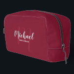 Modern Script Personalized Groomsman Monogram Name Dopp Kit<br><div class="desc">Add a personal touch to your wedding with personalized groomsman gift. This design features personalized groomsman's name in white modern script font style and monogram in light burgundy red modern script font style as background with title in white modern sans serif font style on burgundy red background. Also perfect for...</div>