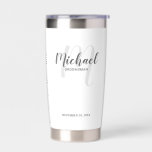 Modern Script Personalized Groomsman Name Insulated Tumbler<br><div class="desc">Add a personal touch to your wedding with personalized groomsman gift. This design features personalized groomsman's name in grey modern script font style and monogram in light grey modern script font style as background with title and wedding date in grey modern sans serif font style on white background. Also perfect...</div>