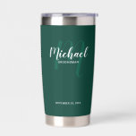 Modern Script Personalized Groomsman Name Insulated Tumbler<br><div class="desc">Add a personal touch to your wedding with personalized groomsman gift. This design features personalized groomsman's name in white modern script font style and monogram in light emerald green modern script font style as background with title and wedding date in white modern sans serif font style on emerald green background....</div>