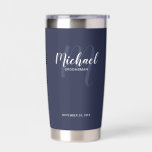 Modern Script Personalized Groomsman Name Insulated Tumbler<br><div class="desc">Add a personal touch to your wedding with personalized groomsman gift. This design features personalized groomsman's name in white modern script font style and monogram in light navy blue modern script font style as background with title and wedding date in white modern sans serif font style on navy blue background....</div>