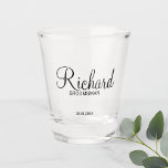 Modern Script Personalized Groomsman Shot Glass<br><div class="desc">Personalized Groomsman Gifts
featuring personalized groomsman's name in black modern script font style with title and wedding date in modern sans serif font style.

Also perfect for best man,  father of the bride,  bridesmaid,  maid of honour,  mother of the bride and more.</div>