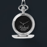 Modern Script Personalized Groomsman Watch<br><div class="desc">Personalized Groomsman Gifts
featuring personalized groomsman's name in white modern script font style with title and wedding date in modern sans serif font style on black background.

Also perfect for best man,  father of the bride,  bridesmaid,  maid of honour,  mother of the bride and more.</div>