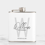 Modern Script Personalized Groomsman's Name Hip Flask<br><div class="desc">Modern Minimalist Personalized Monogram and Name Gifts This design features personalized groomsman's name in grey modern handwriting script font style and monogram in light grey modern sans serif font style as background, with wedding details in grey modern sans serif font style, on white background. Also perfect for best man and...</div>