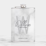 Modern Script Personalized Groomsman's Name Hip Flask<br><div class="desc">Modern Minimalist Personalized Monogram and Name Gifts This design features personalized groomsman's name in grey modern handwriting script font style and monogram in light grey modern sans serif font style as background, with wedding details in grey modern sans serif font style, on white marble background. Also perfect for best man,...</div>