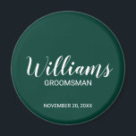 Modern Script Personalized Groomsman's Name Magnet<br><div class="desc">Personalized Groomsman Gifts
featuring personalized groomsman's name in white modern script font style with title and wedding date in modern sans serif font style on emerald green background.

Also perfect for best man,  father of the bride,  bridesmaid,  maid of honour,  mother of the bride and more.</div>