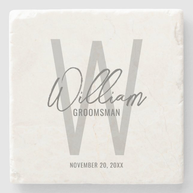 Modern Script Personalized Groomsman's Name Stone Coaster (Front)