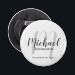 Modern Script Personalized Groomsmen Bottle Opener<br><div class="desc">Add a personal touch to your wedding with personalized groomsmen bottle opener. This bottle opener features personalized groomsmen's name in grey modern script font style and monogram in light grey modern script font style as background with title and wedding date in grey modern sans serif font style on white background....</div>