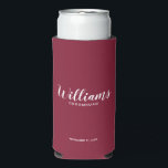 Modern Script Personalized Groomsmen Can Cooler<br><div class="desc">Modern Script Personalized Groomsmen Can Cooler
featuring personalized groomsman's name in white modern script font style with title and wedding date in modern sans serif font style on burgundy red background.

Also perfect for Maid of Honour,  Flower Girl,  Mother of the Bride,  Groomsmen,  Best man and more.</div>