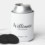 Modern Script Personalized Groomsmen Can Cooler<br><div class="desc">Modern Script Personalized Groomsmen Can Cooler
featuring personalized groomsman's name in black modern script font style with title and wedding date in modern sans serif font style on white background.

Also perfect for Maid of Honour,  Flower Girl,  Mother of the Bride,  Groomsmen,  Best man and more.</div>