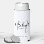 Modern Script Personalized Groomsmen Can Cooler<br><div class="desc">Add a personal touch to your wedding with personalized groomsmen can cooler. This can cooler features personalized groomsmen's name in grey modern script font style and monogram in light grey modern script font style as background with title and wedding date in grey modern sans serif font style on white background....</div>
