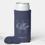 Modern Script Personalized Groomsmen Can Cooler<br><div class="desc">Modern Minimalist Personalized Monogram and Name Gifts This design features personalized name in white modern handwriting script font style and monogram in light navy blue modern sans serif font style as background, with wedding details in white modern sans serif font style, on navy blue background. Also perfect for best man,...</div>