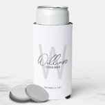 Modern Script Personalized Groomsmen Can Cooler<br><div class="desc">Modern Minimalist Personalized Monogram and Name Gifts This design features personalized name in grey modern handwriting script font style and monogram in light grey modern sans serif font style as background, with wedding details in grey modern sans serif font style, on white background. Also perfect for best man, maid of...</div>