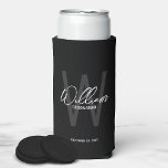 Modern Script Personalized Groomsmen Can Cooler<br><div class="desc">Modern Minimalist Personalized Monogram and Name Gifts This design features personalized name in white modern handwriting script font style and monogram in grey modern sans serif font style as background, with wedding details in white modern sans serif font style, on black background. Also perfect for best man, maid of honour,...</div>