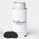 Modern Script Personalized Groomsmen Can Cooler<br><div class="desc">Modern Script Personalized Groomsmen Can Cooler
featuring personalized groomsman's name in black modern script font style with title and wedding date in modern sans serif font style on white background.

Also perfect for Maid of Honour,  Flower Girl,  Mother of the Bride,  Groomsmen,  Best man and more.</div>