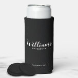 Modern Script Personalized Groomsmen Can Cooler<br><div class="desc">Modern Script Personalized Groomsmen Can Cooler
featuring personalized groomsman's name in white modern script font style with title and wedding date in modern sans serif font style on black background.

Also perfect for Maid of Honour,  Flower Girl,  Mother of the Bride,  Groomsmen,  Best man and more.</div>