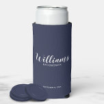 Modern Script Personalized Groomsmen Can Cooler<br><div class="desc">Modern Script Personalized Groomsmen Can Cooler
featuring personalized groomsman's name in white modern script font style with title and wedding date in modern sans serif font style on navy blue background.

Also perfect for Maid of Honour,  Flower Girl,  Mother of the Bride,  Groomsmen,  Best man and more.</div>