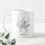 Modern Script Personalized Groomsmen Coffee Mug<br><div class="desc">Modern Minimalist Personalized Monogram and Name Gifts This design features personalized name in grey modern handwriting script font style and monogram in light grey modern sans serif font style as background, with wedding details in grey modern sans serif font style, on white background. Also perfect for best man, maid of...</div>