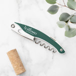 Modern Script Personalized Groomsmen Corkscrew<br><div class="desc">Modern Script Personalized Groomsmen Corkscrew
featuring personalized groomsman's name in white modern script font style with title in modern sans serif font style on emerald green background.

Also perfect for best man,  father of the bride and more.</div>