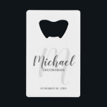 Modern Script Personalized Groomsmen Credit Card Bottle Opener<br><div class="desc">Add a personal touch to your wedding with personalized groomsmen credit card bottle opener. This bottle opener features personalized groomsmen's name in grey modern script font style and monogram in light grey modern script font style as background with title and wedding date in grey modern sans serif font style. Also...</div>
