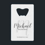 Modern Script Personalized Groomsmen Credit Card Bottle Opener<br><div class="desc">Add a personal touch to your wedding with personalized groomsmen credit card bottle opener. This bottle opener features personalized groomsmen's name in grey modern script font style and monogram in light grey modern script font style as background with title and wedding date in grey modern sans serif font style. Also...</div>