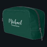 Modern Script Personalized Groomsmen Dopp Kit<br><div class="desc">Modern Script Personalized Groomsmen Gift
featuring personalized groomsman's name in white modern script font style with title and wedding date in modern sans serif font style on emerald green background.

Also perfect for bridesmaid,  maid of honour,  flower girl,  mother of the bride,  best man and more.</div>